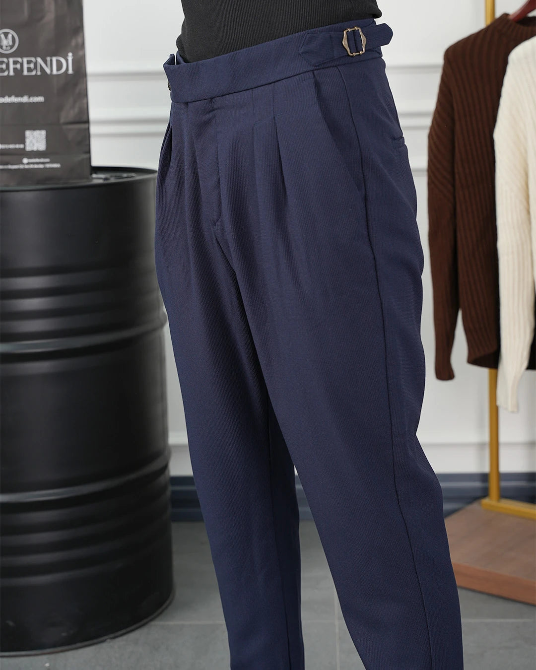 Yüksek Bel Pileli Petek Örme Pamuklu Slimfit Pantolon