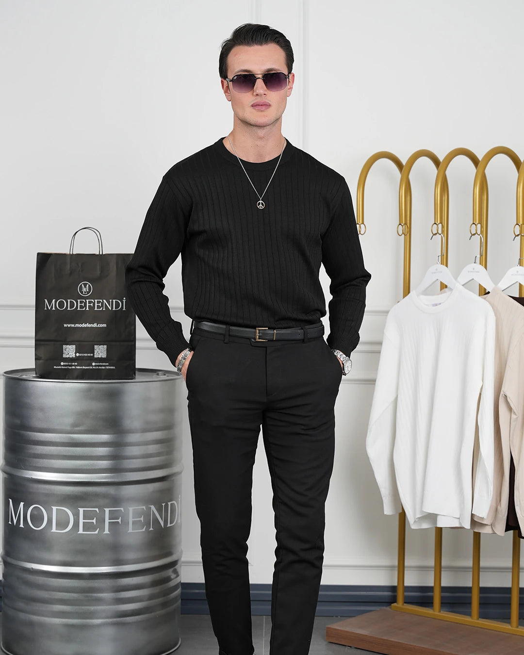 Pamuk Likra Slim Fit Bisiklet Yaka Dikey Çizgi Triko Kazak