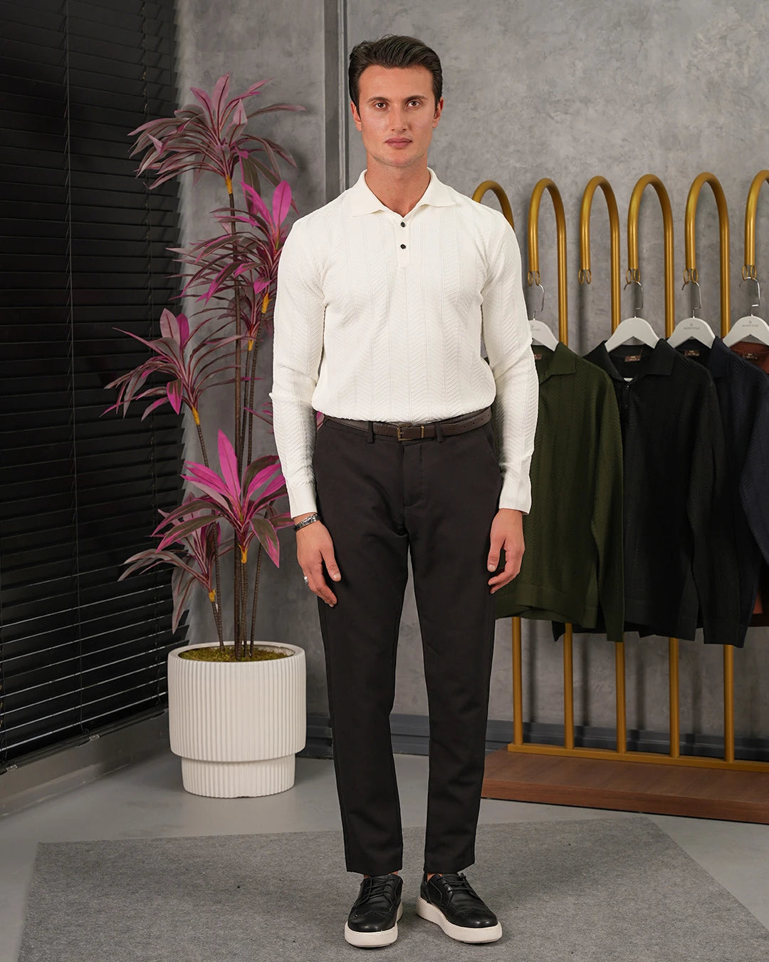 Pamuk Likra Yıldız Desen Yaka Düğmeli Slim Fit Kalıp Triko Kazak