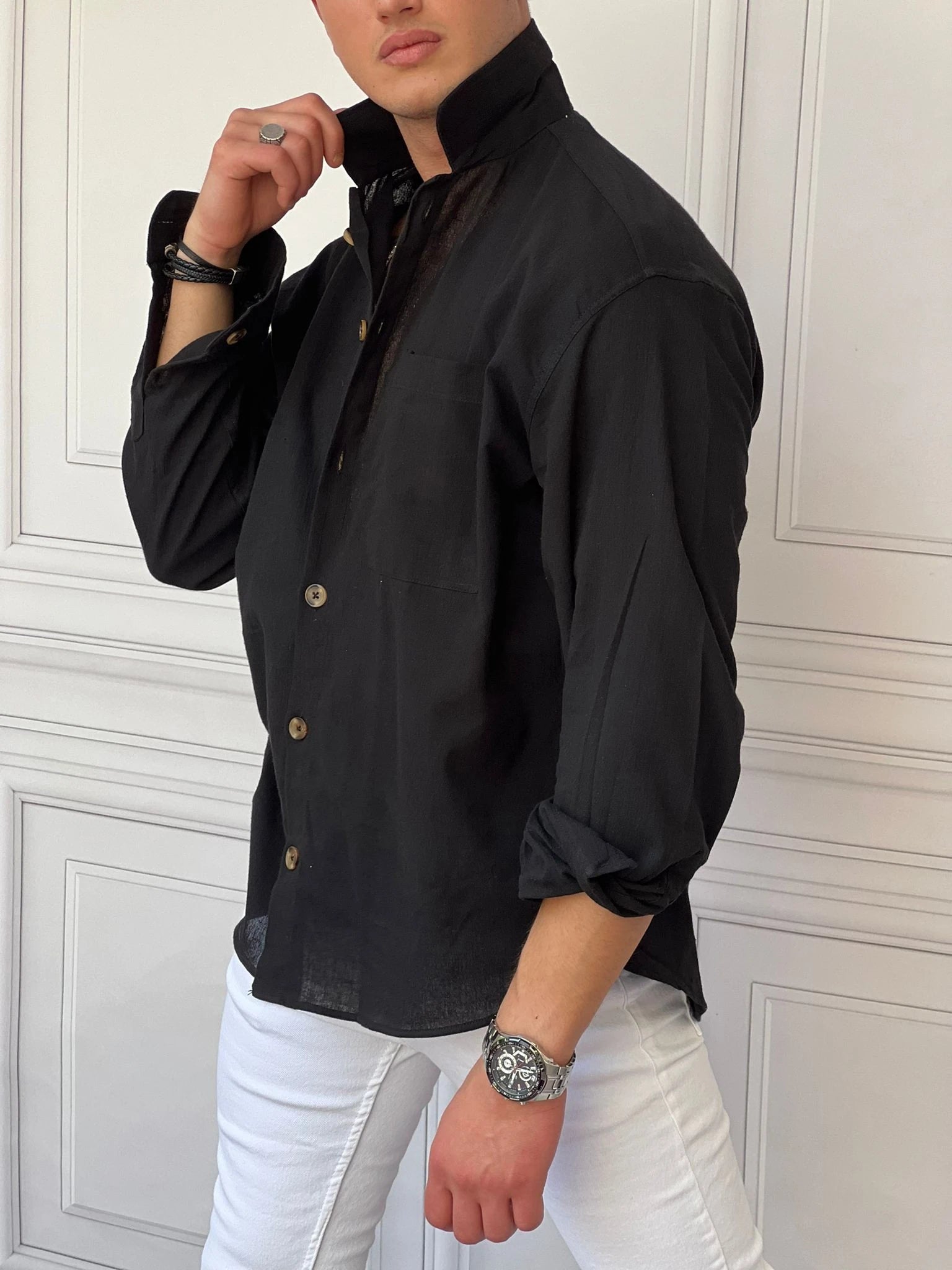 Rahat Kalıp Oversize Büyük Düğme Pamuklu Keten Gömlek