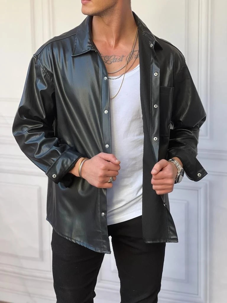 Yüksek Kalite Tek Cep Detaylı Oversize Deri Gömlek