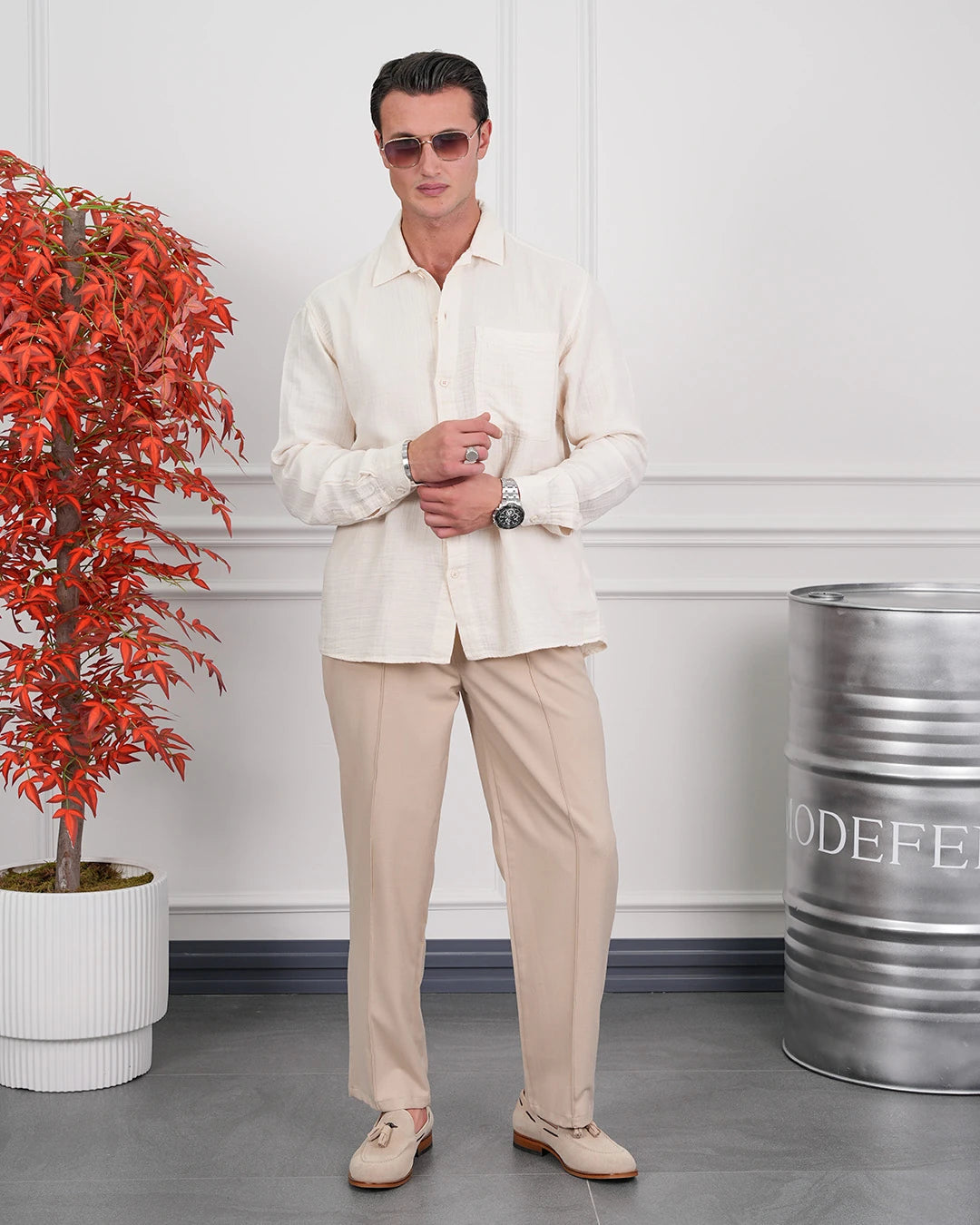 Tek Cep Detaylı Pamuk Dokulu Oversize Keten Gömlek