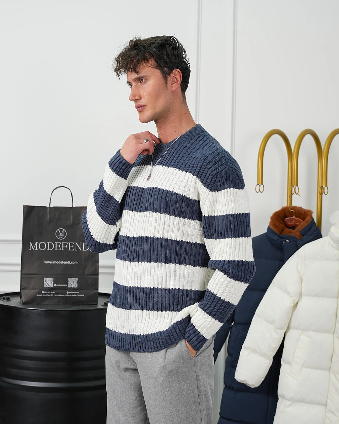 Bisiklet Yaka Desenli Oversize Kazak