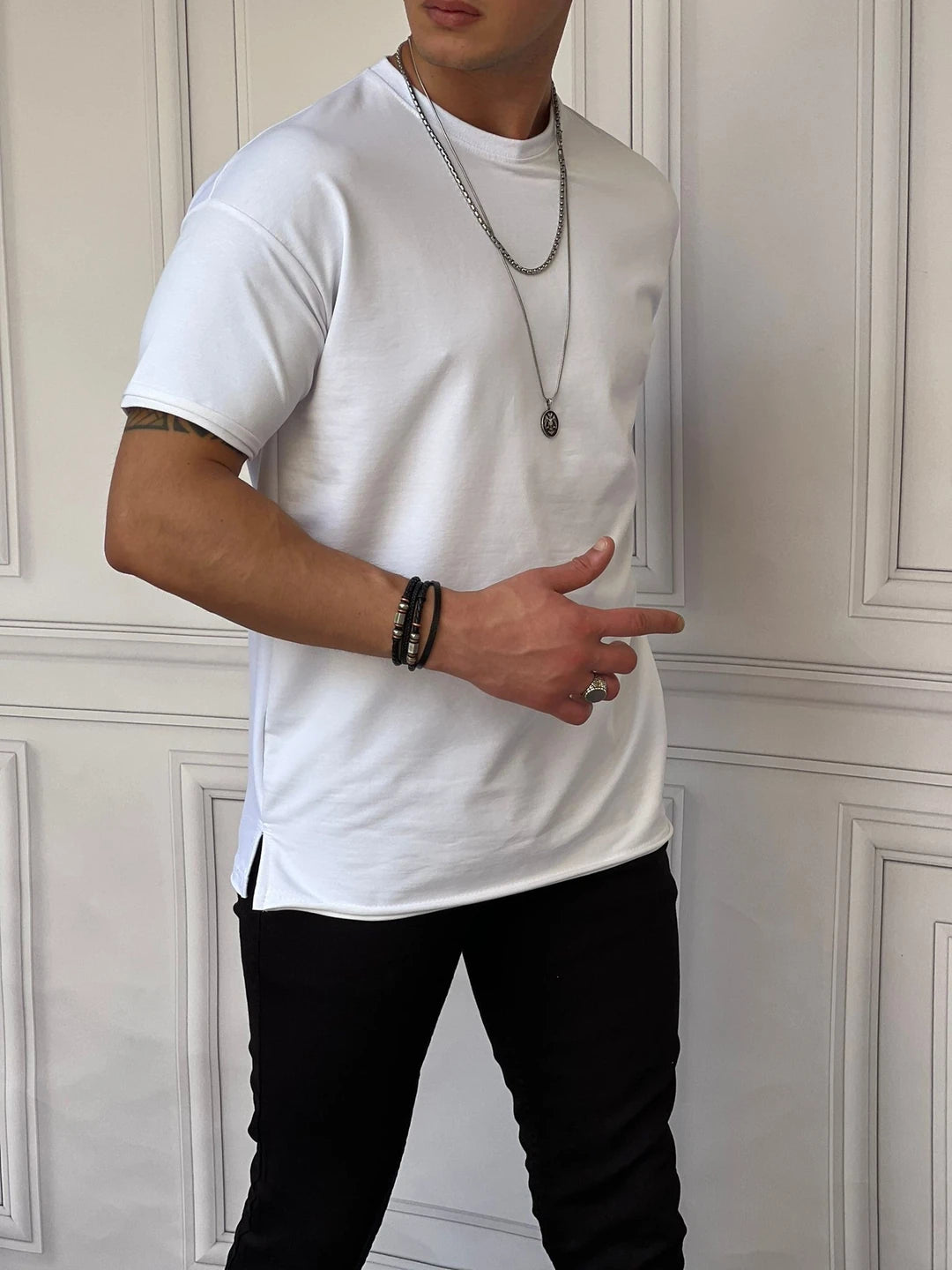 Pamuk Likra Yırtmaç Detaylı 2 İplik Oversize Tshirt