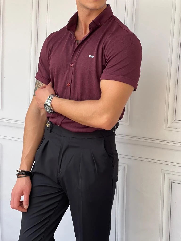 Pamuk Likra Gofre Kumaş Slim Fıt Kalıp Kısa Kollu Gömlek