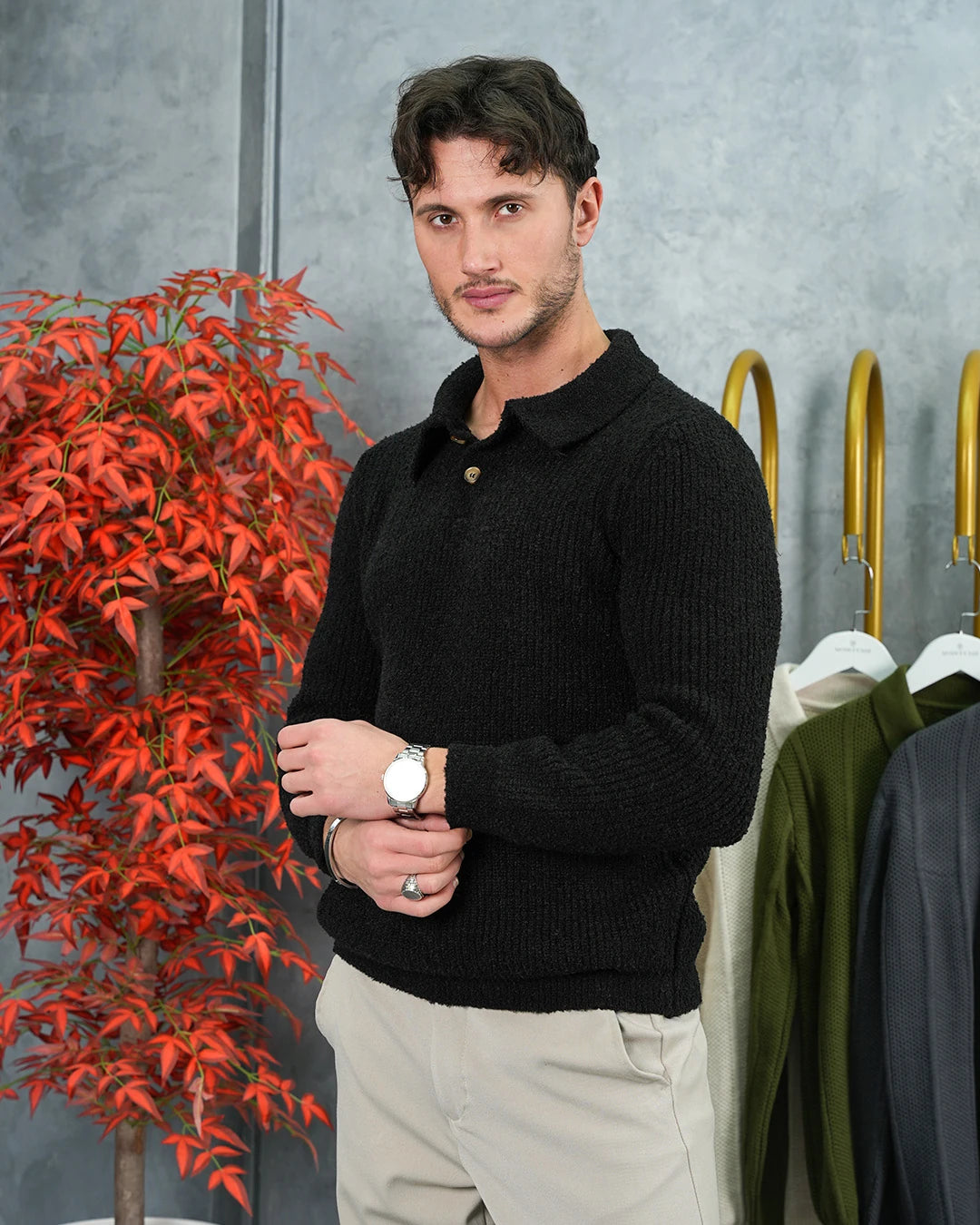 Peluş Dokulu Düğme Detaylı Triko Kazak