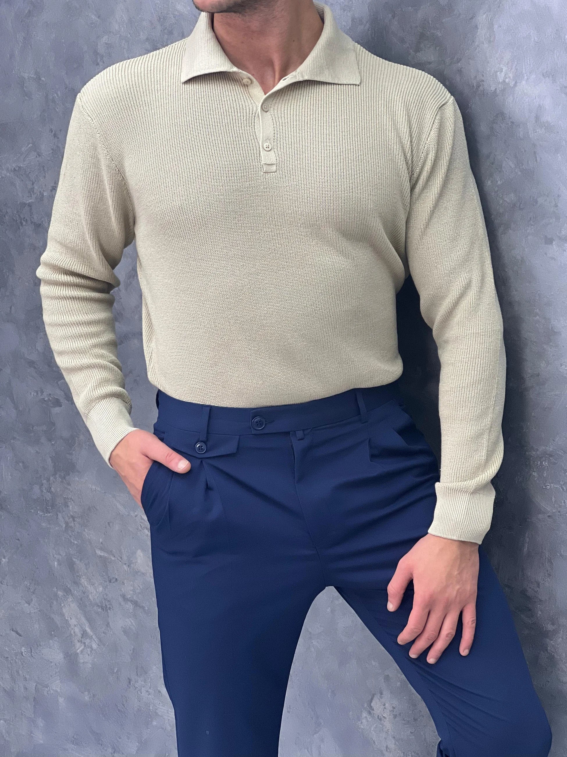 Polo Yaka Düğme Detaylı Kazak