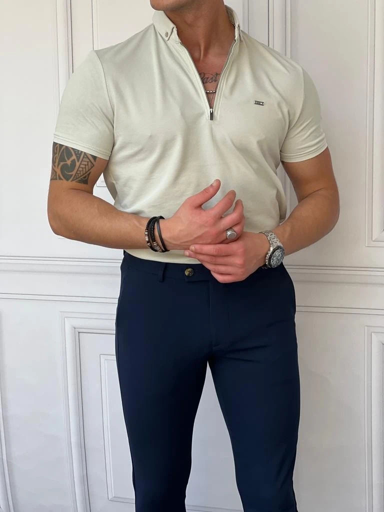 Pamuk Likra Slim Fit Kalıp Bebe Yaka Fermuarlı Tshirt