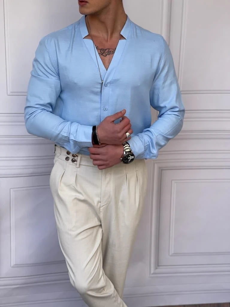 Rahat Kalıp  Yaka Yırtmaç Detaylı Keten Gömlek