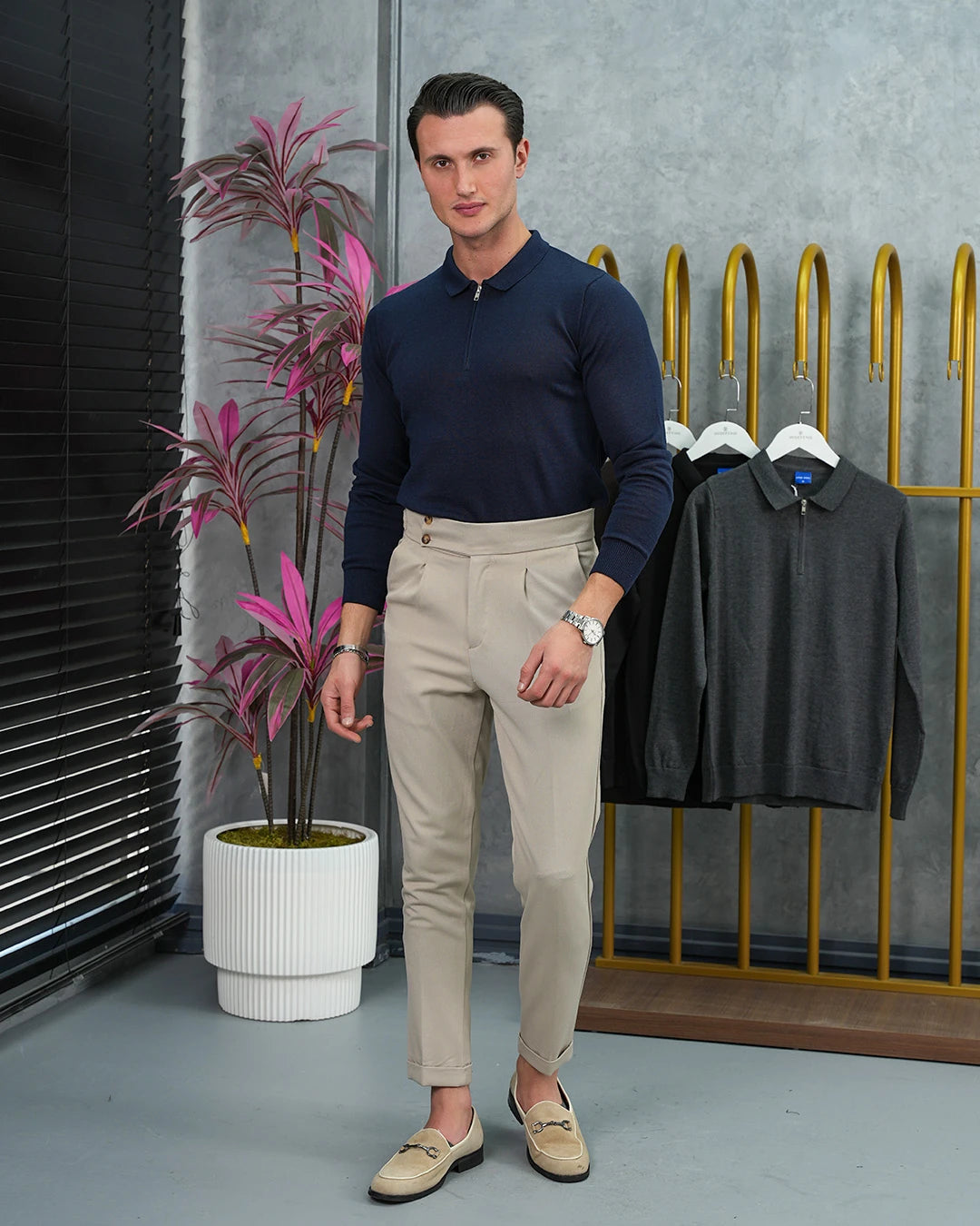 Pamuk Likra Slim Fit Kalıp Yaka Fermuar Detaylı Triko Kazak