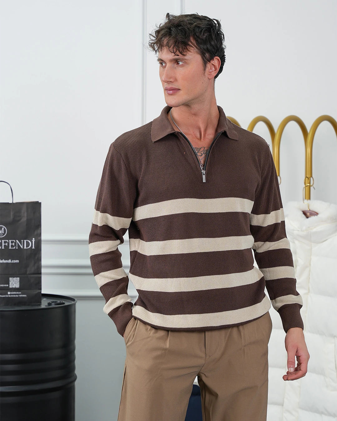 Yüksek Kalite Fermuar Detaylı Desenli Triko