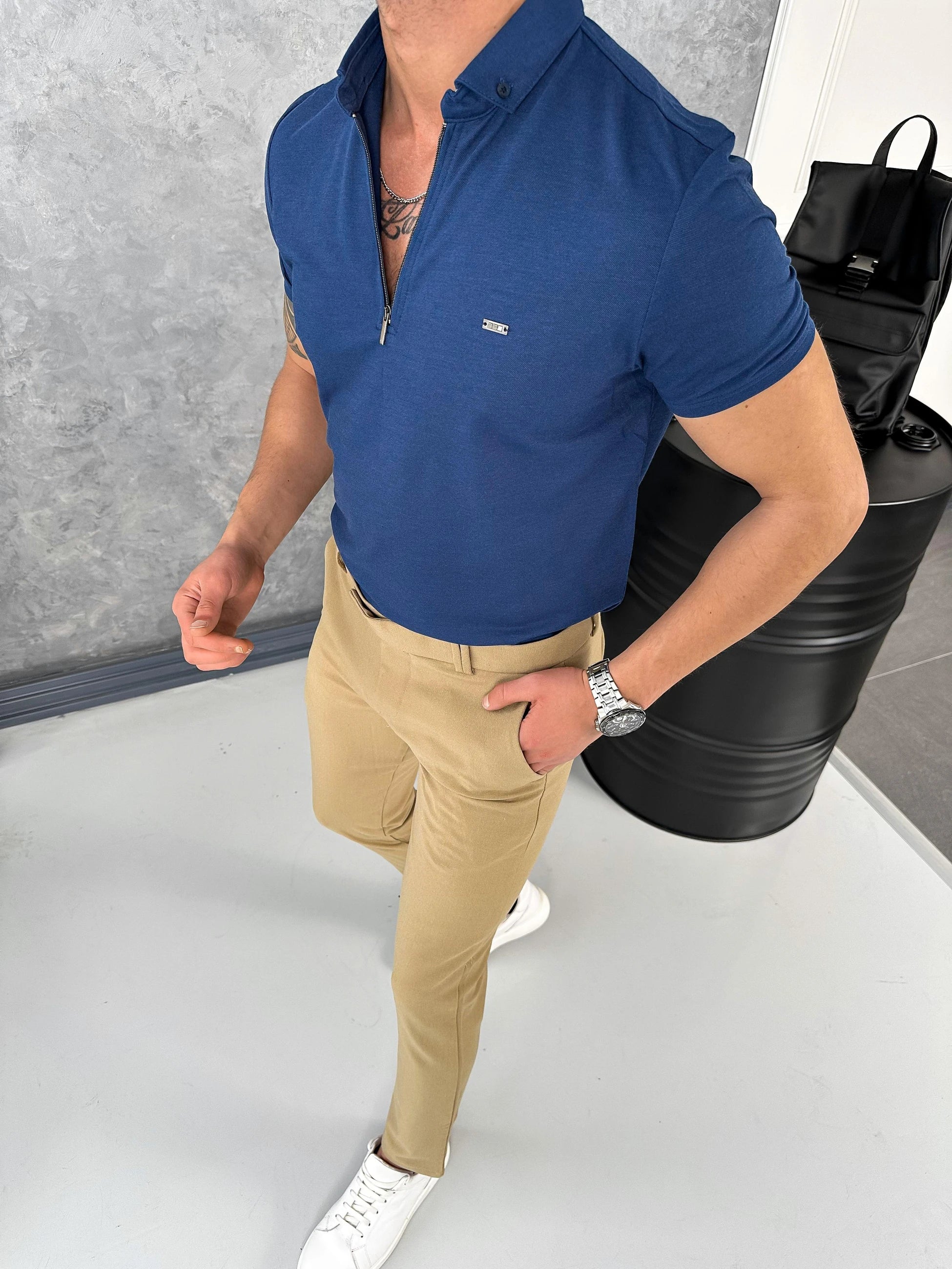 Pamuk Likra Slim Fit Kalıp Bebe Yaka Fermuarlı Tshirt