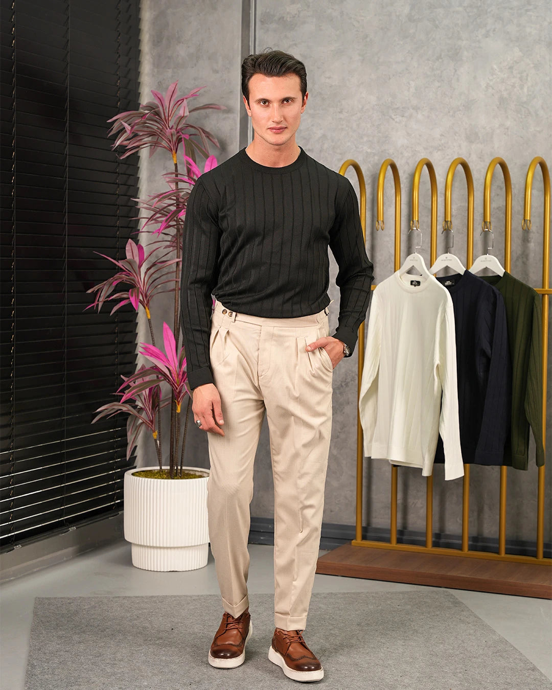 Pamuk Likra Kalın Fitil Bisiklet Yaka Slim Fit Triko Kazak