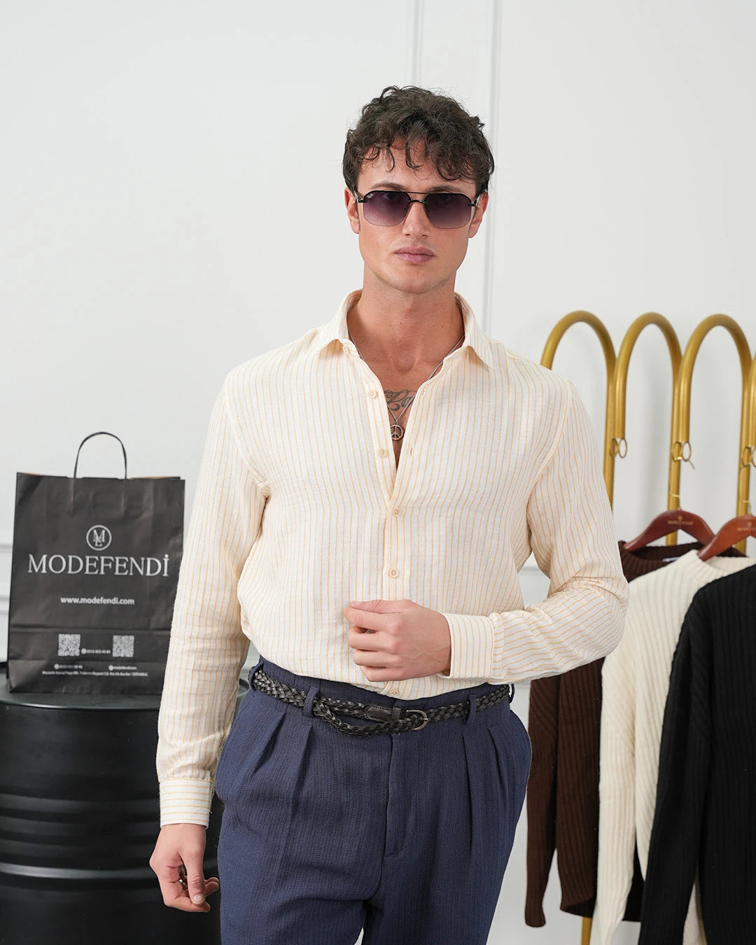 İnce Fitilli %100 İnce Pamuk Keten Regular Kalıp Gömlek