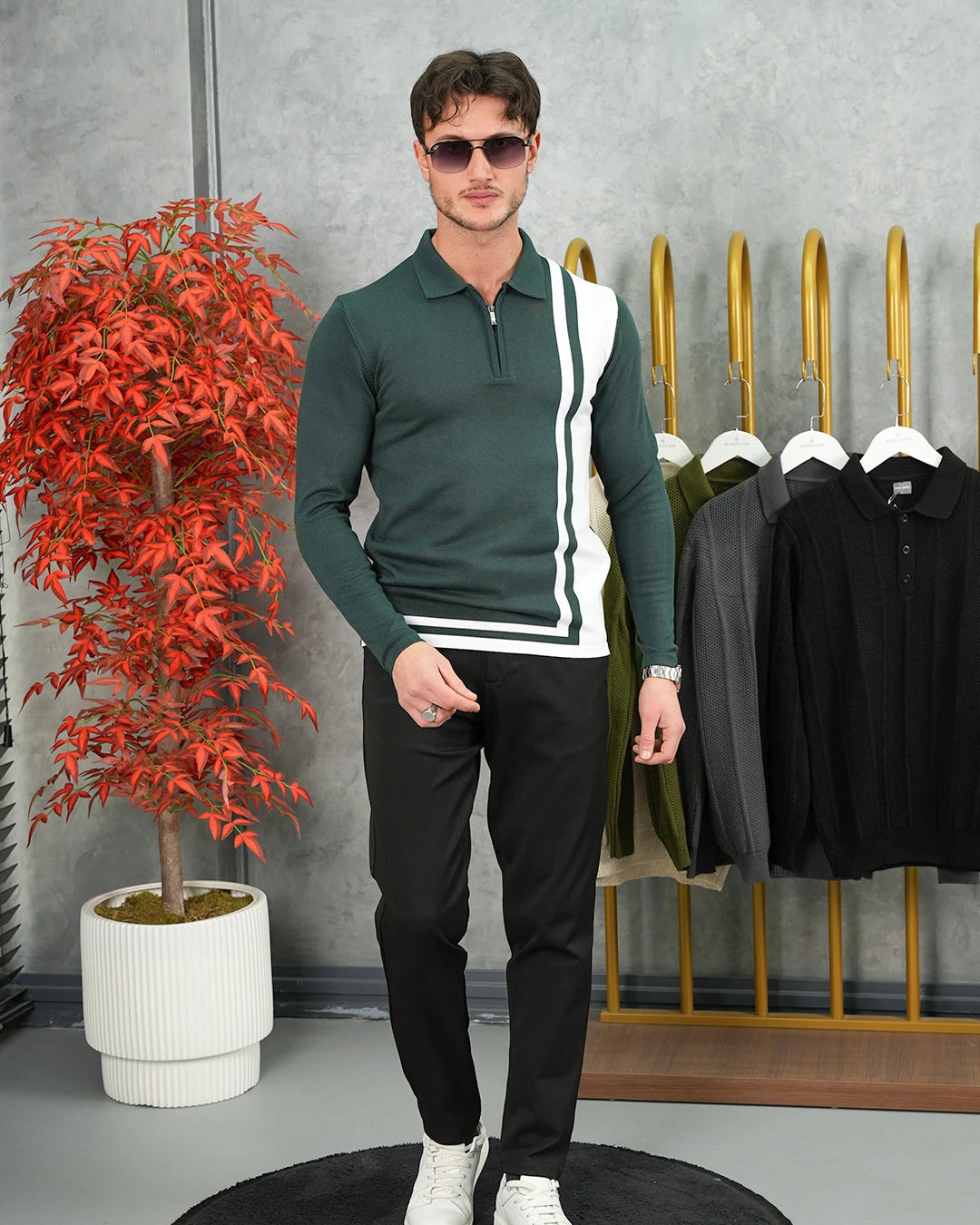 Şerit Detaylı Fermuarlı Polo Yaka Triko Kazak