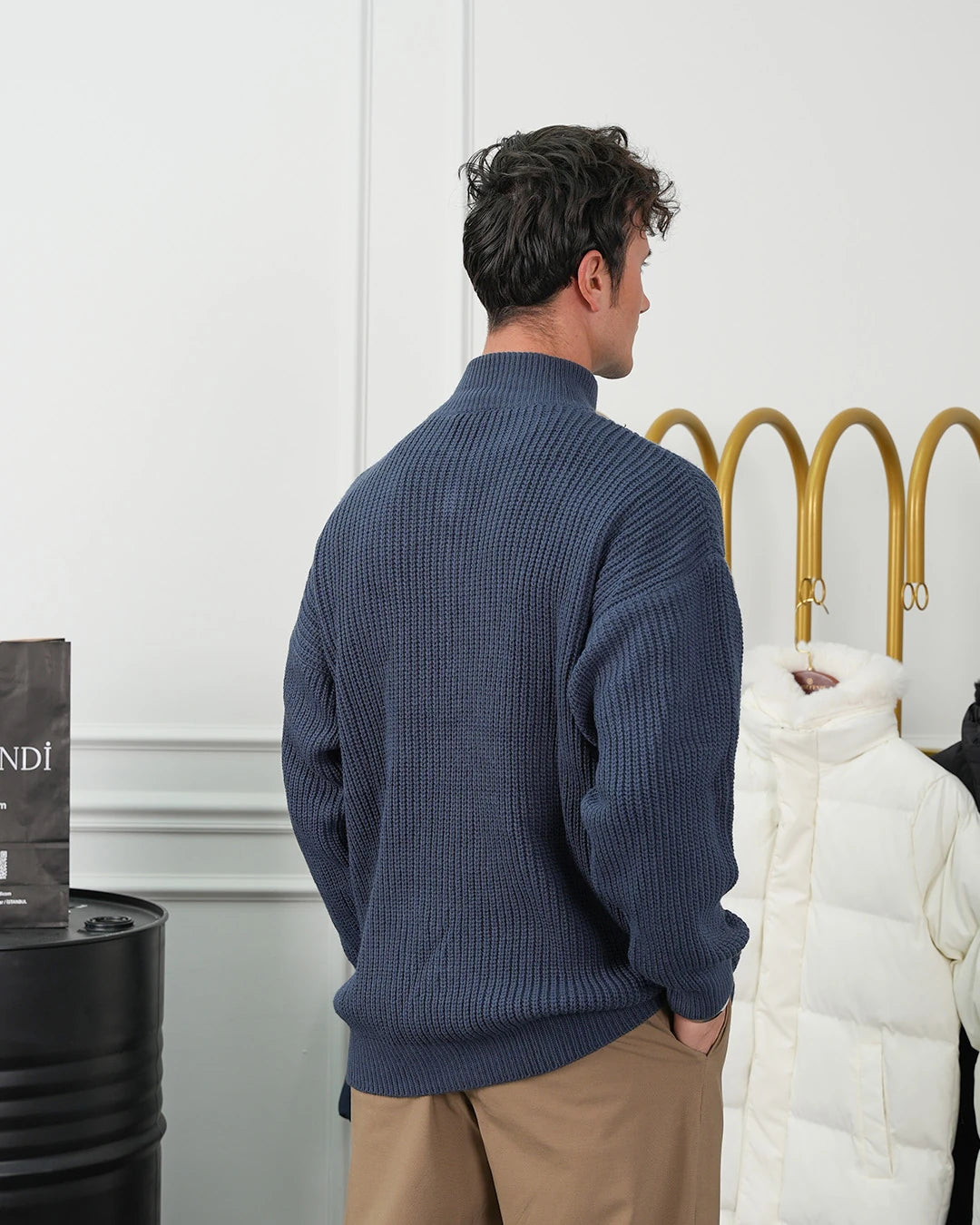 Örgü Desen Fermuar Detaylı Oversize Kazak