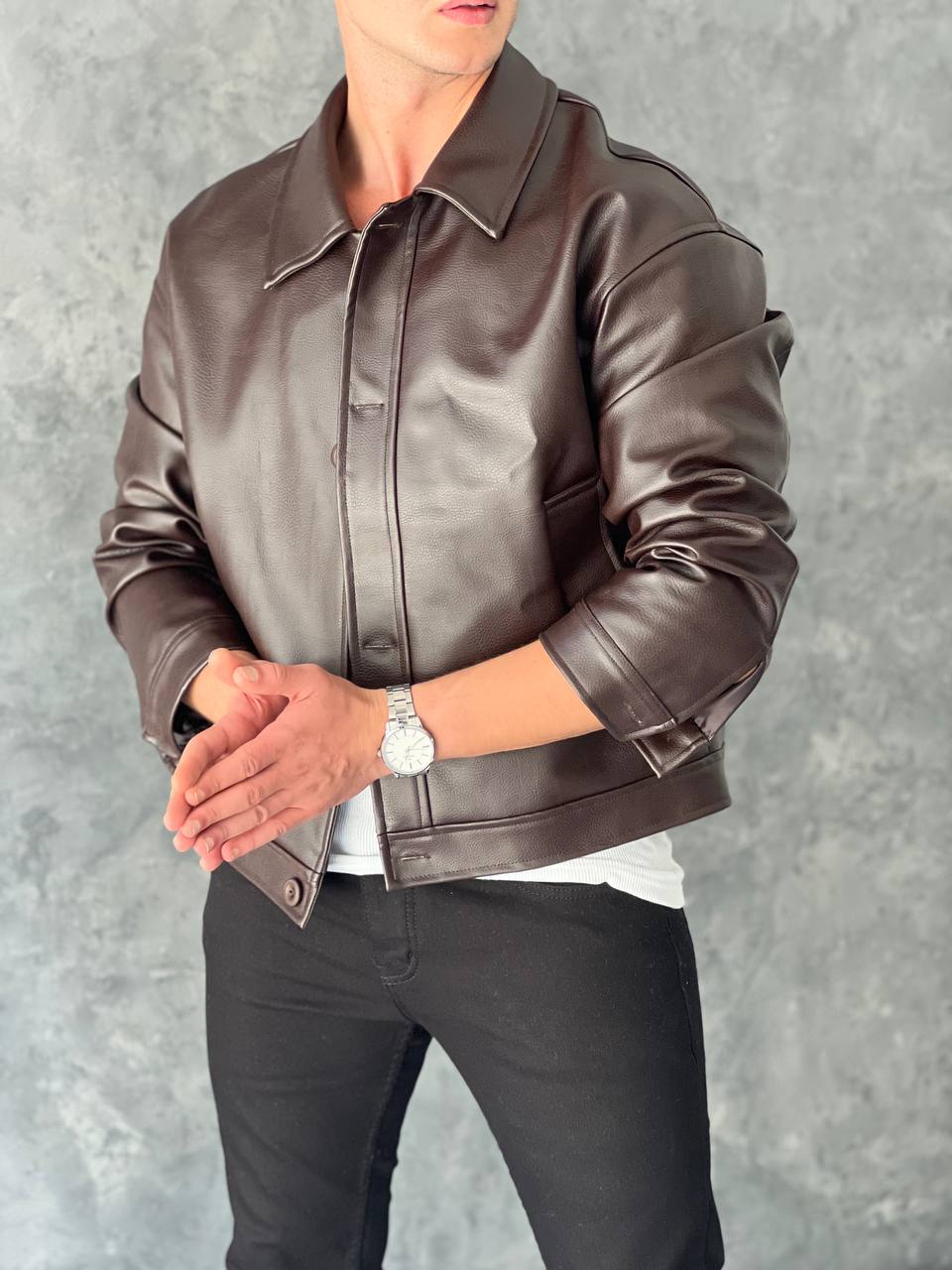 Yüksek Kalite Oversize Düğmeli Deri Mont