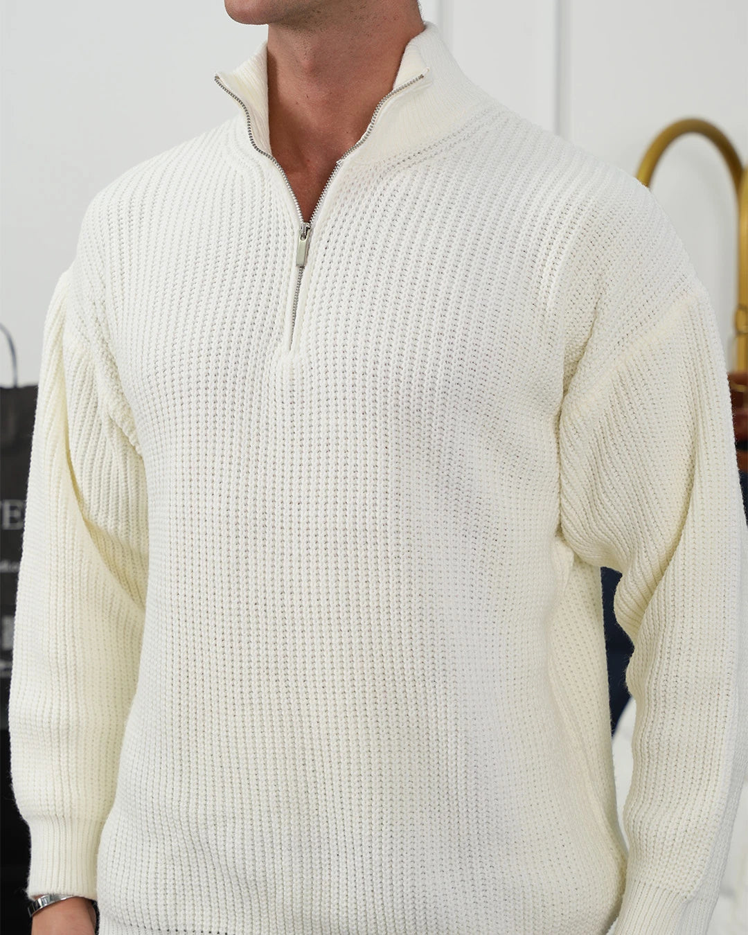 Örgü Desen Fermuar Detaylı Oversize Kazak