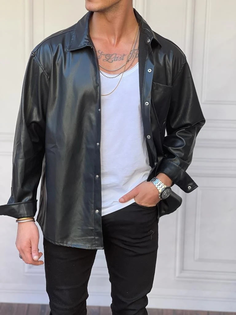 Yüksek Kalite Tek Cep Detaylı Oversize Deri Gömlek