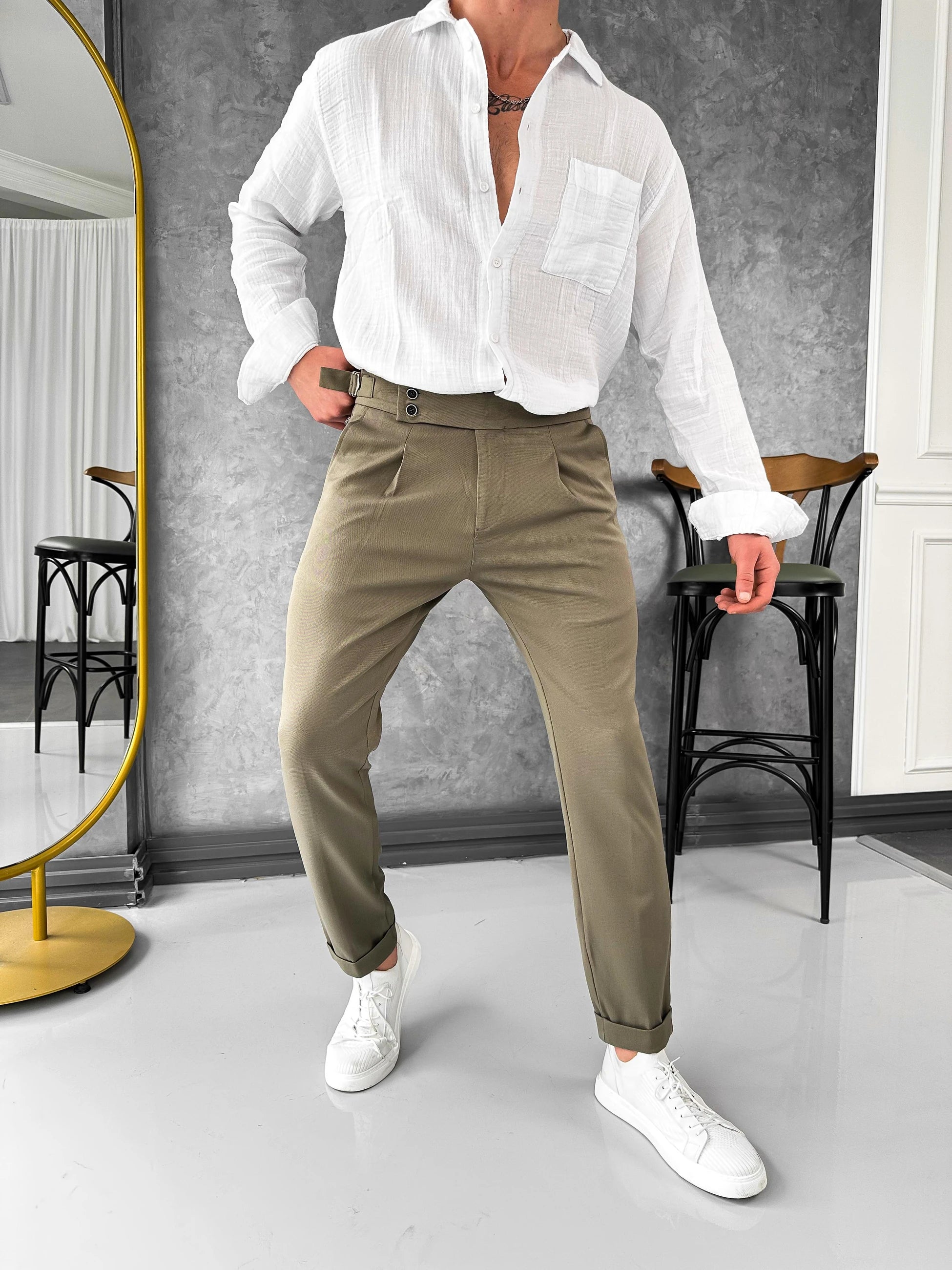 İki Düğme ve Toka Detaylı Yüksek Kalite Kumaş Pantolon