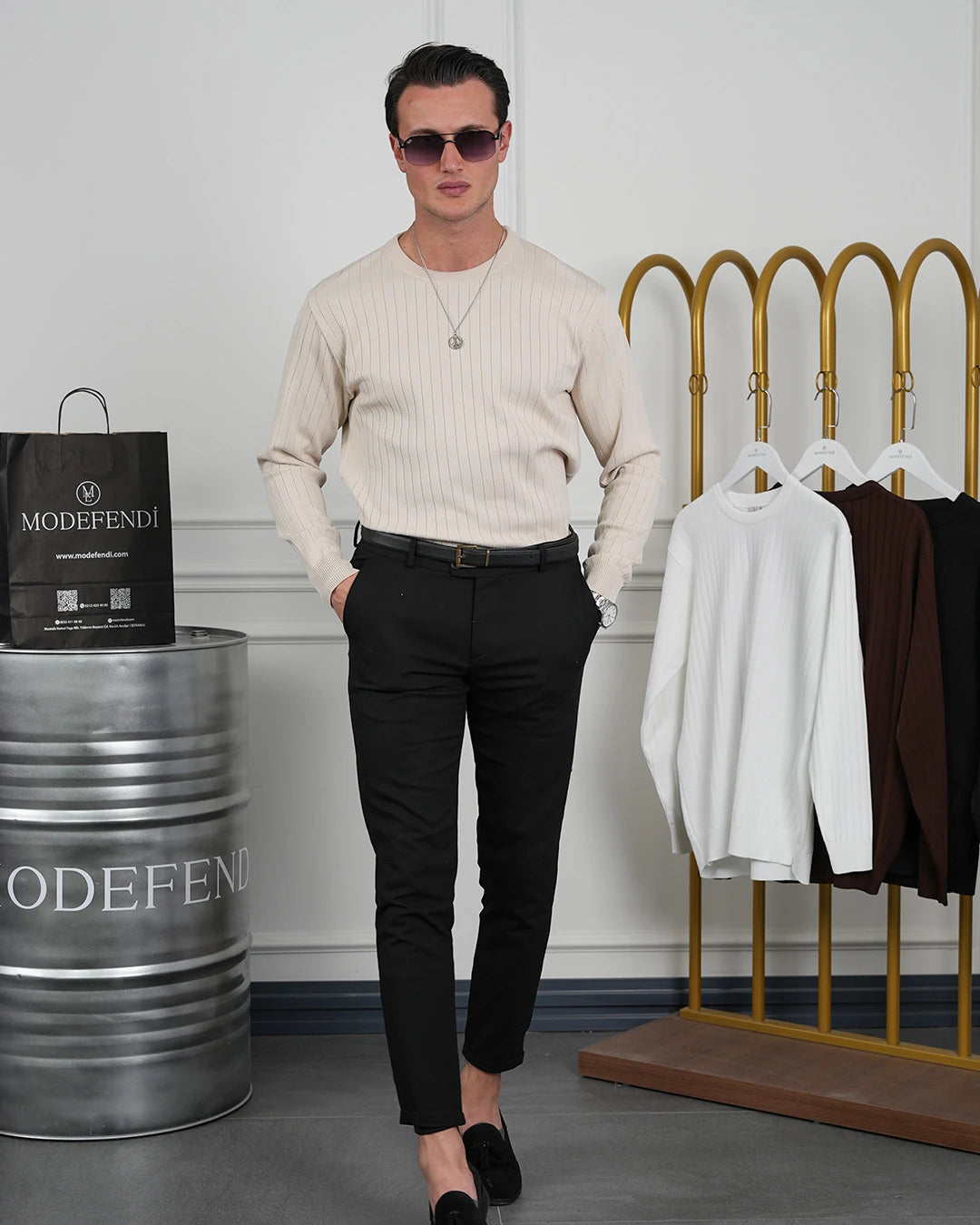 Pamuk Likra Slim Fit Bisiklet Yaka Dikey Çizgi Triko Kazak