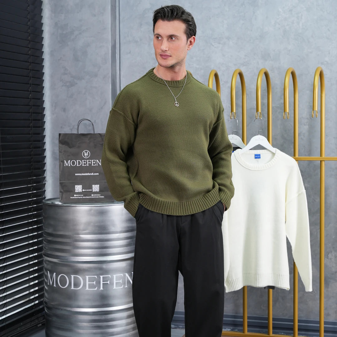 Ters Dikiş Oversize Bisiklet Yaka Yün Pamuk Kazak