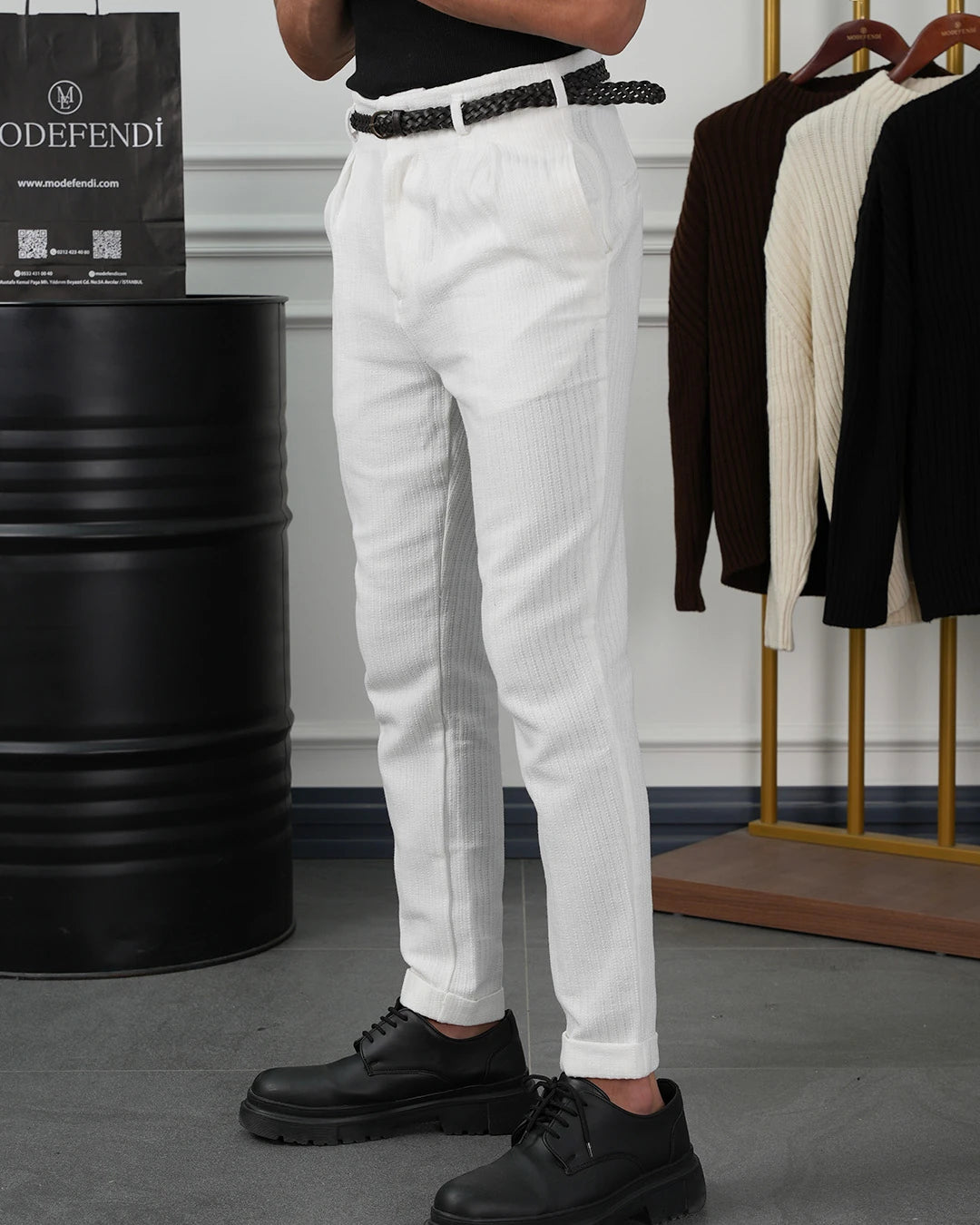 Hasır Örgü Kemerli Pamuk Keten Örme Pileli Pantolon