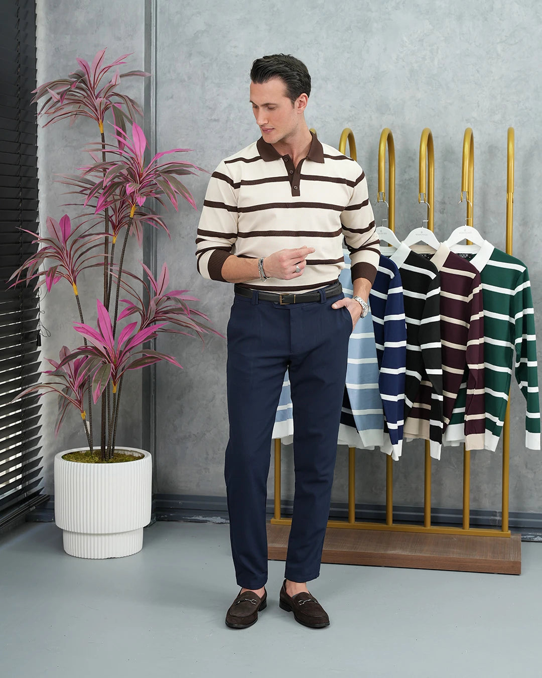 Pamuk Likra Slim Fit Örgü Yatay Desen Yaka Şerit Detaylı Polo Yaka Kazak