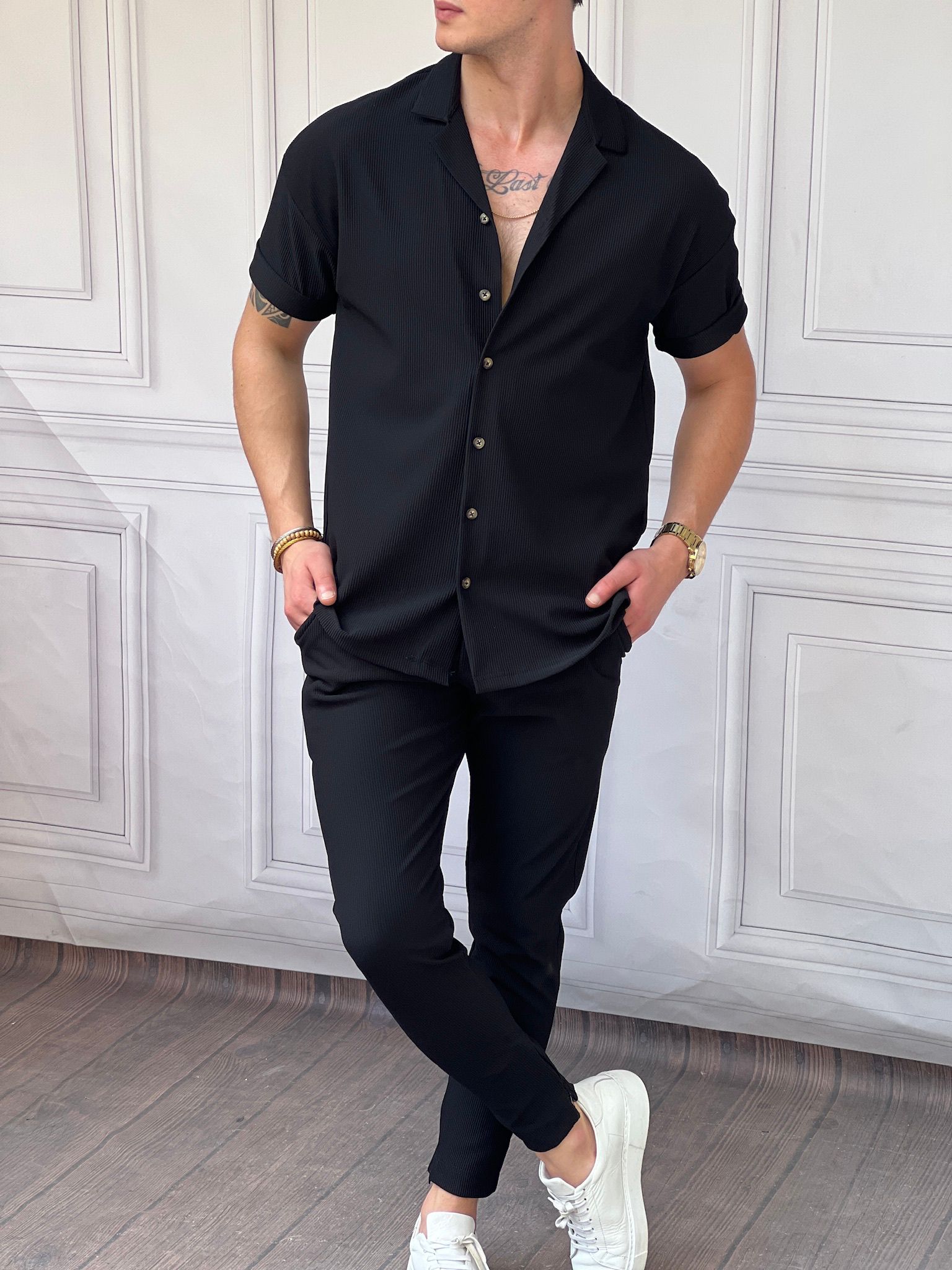 Fitil Desenli Oversize Kısa Kollu Gömlekli Takım