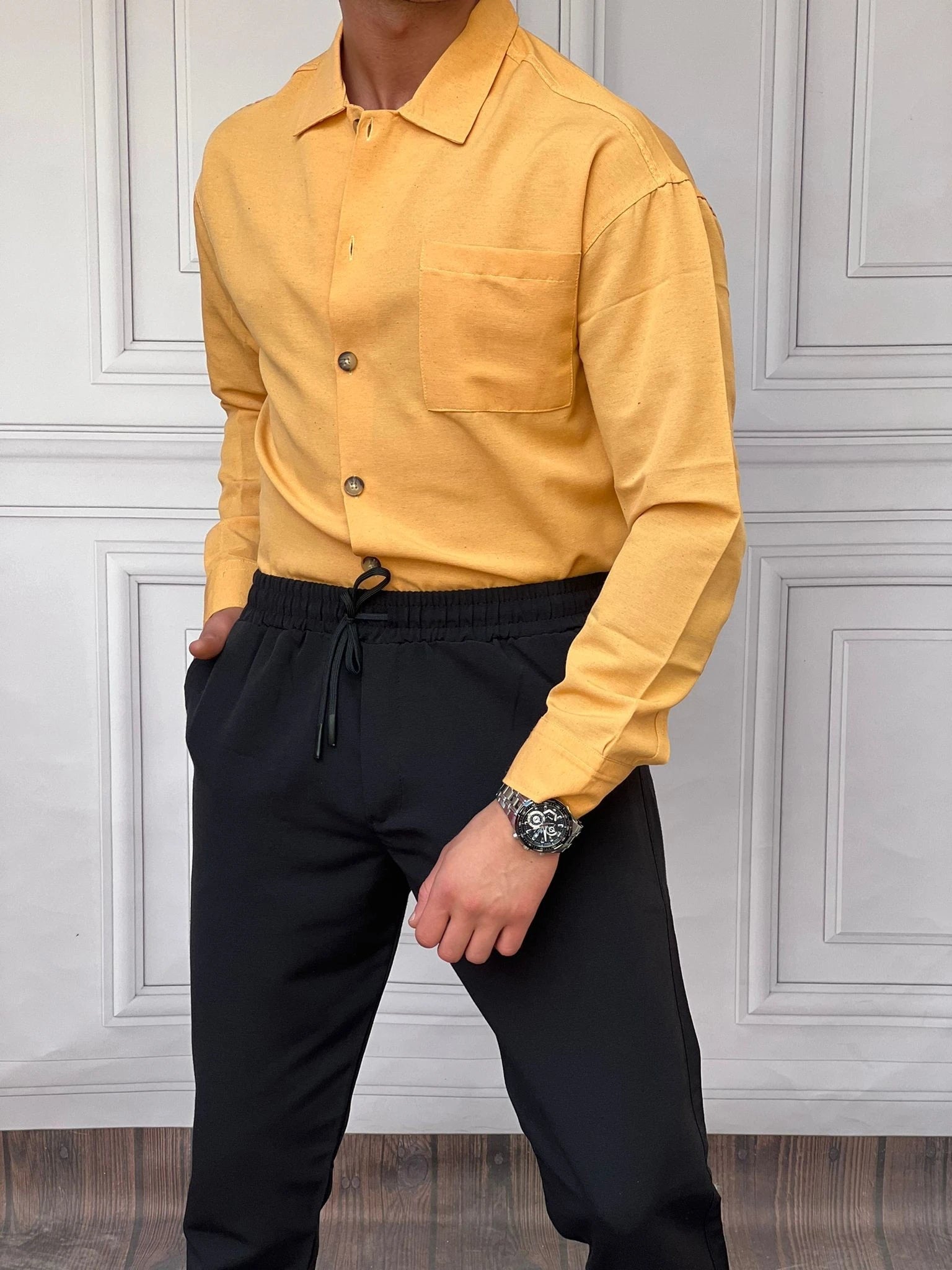 Rahat Kalıp Cep Detaylı Pamuk Keten Gömlek