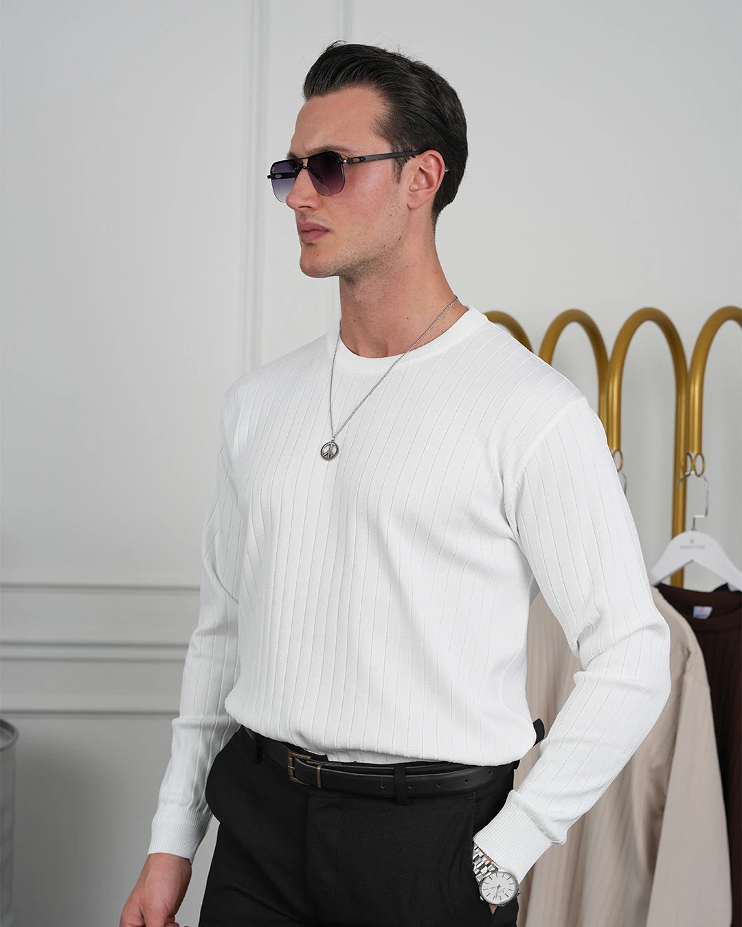 Pamuk Likra Slim Fit Bisiklet Yaka Dikey Çizgi Triko Kazak