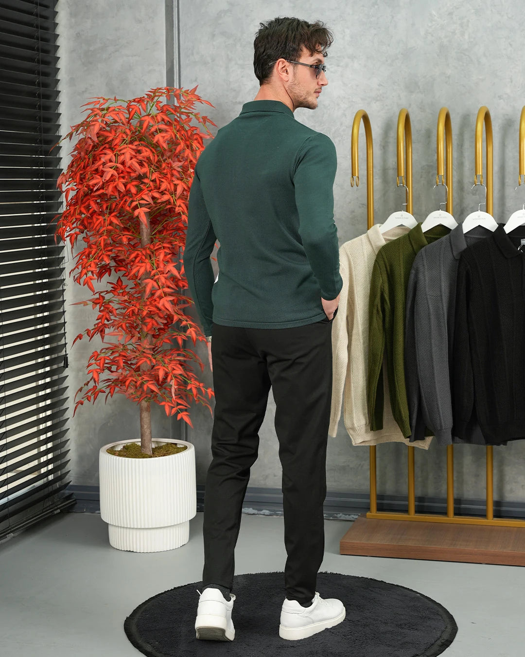 Şerit Detaylı Fermuarlı Polo Yaka Triko Kazak