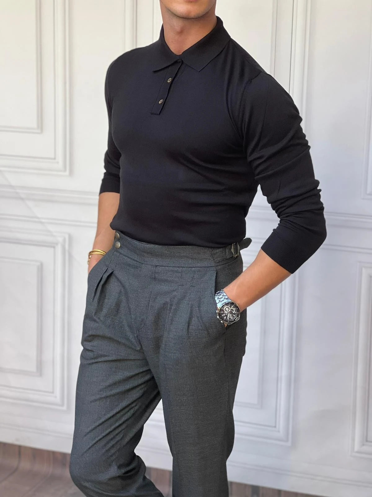 Slimfit Kalıp Pamuk Likra Düğme Detaylı Triko Kazak