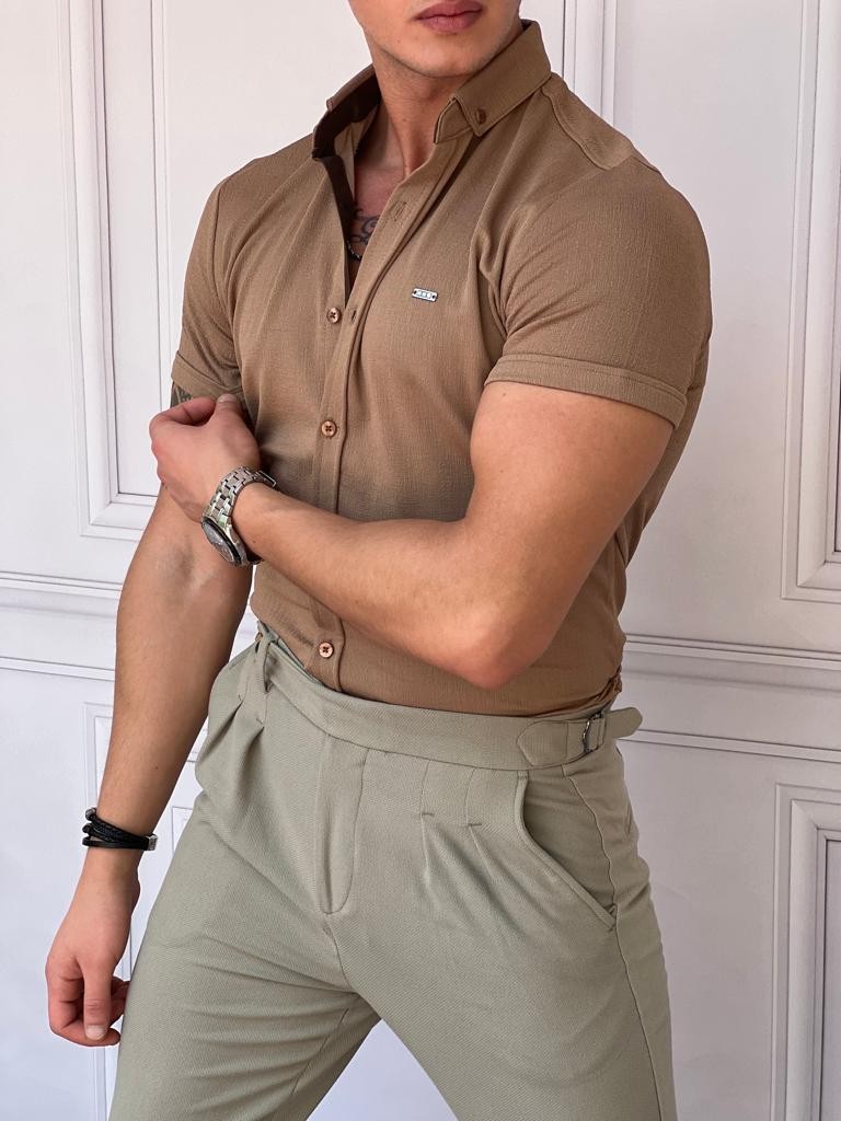 Pamuk Likra Gofre Kumaş Slim Fıt Kalıp Kısa Kollu Gömlek