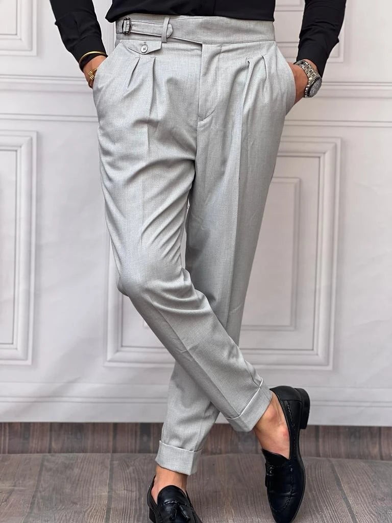 Kuşak Toka Detaylı Kuş Gözü Desen Pileli Pantolon