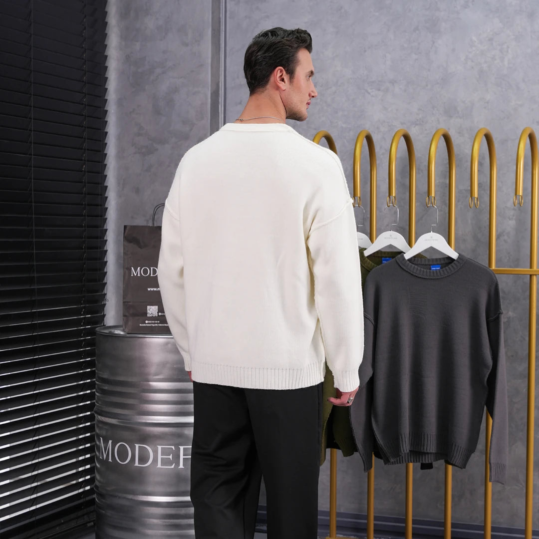 Ters Dikiş Oversize Bisiklet Yaka Yün Pamuk Kazak