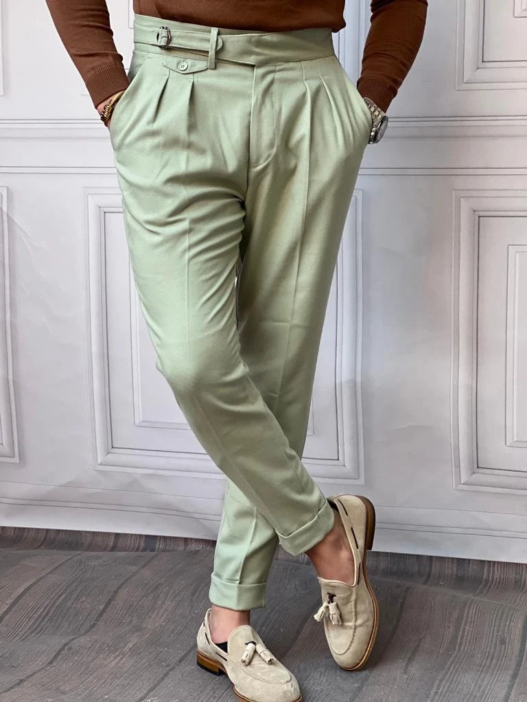 Kuşak Toka Detaylı Kuş Gözü Desen Pileli Pantolon