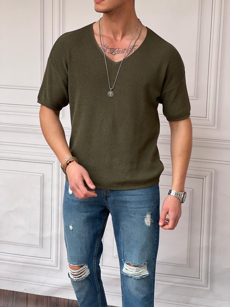 Relaxed Kalıp(Geniş Kalıp) Örme Triko Derin Açık Yaka Tshırt