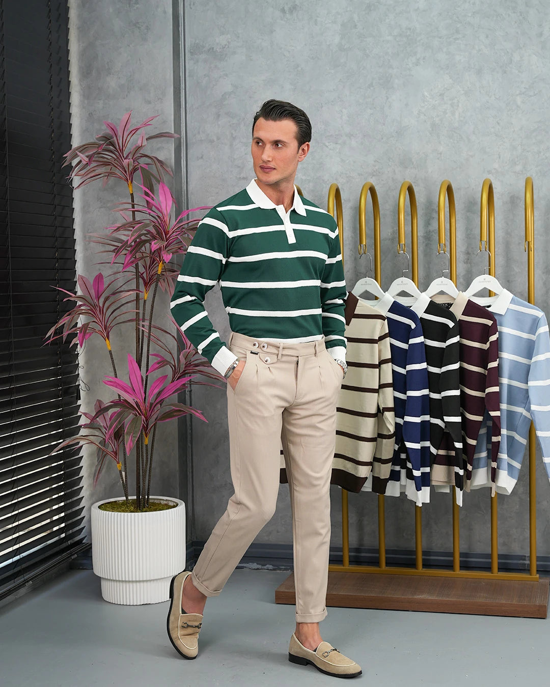 Pamuk Likra Slim Fit Örgü Yatay Desen Yaka Şerit Detaylı Polo Yaka Kazak