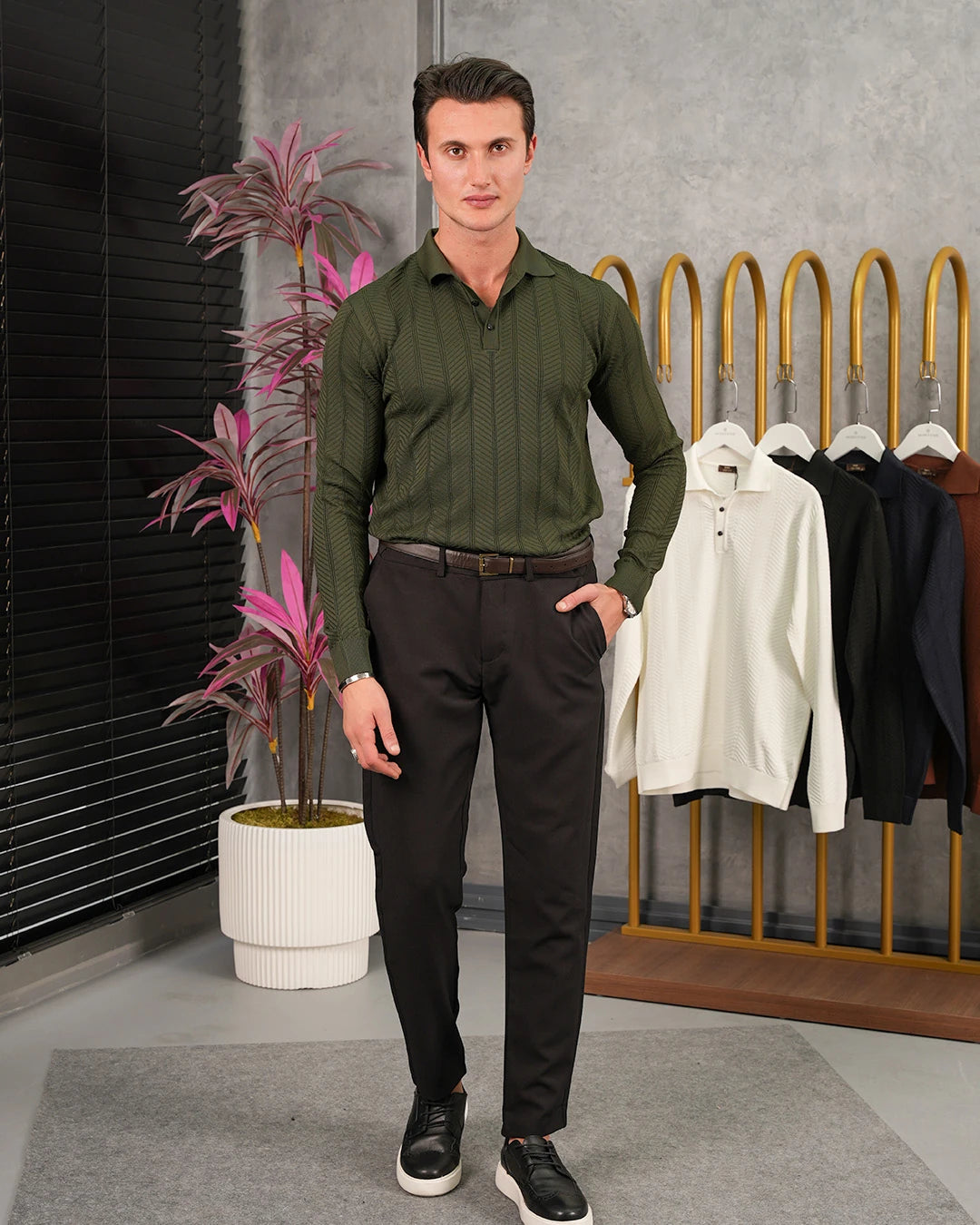 Pamuk Likra Yıldız Desen Yaka Düğmeli Slim Fit Kalıp Triko Kazak