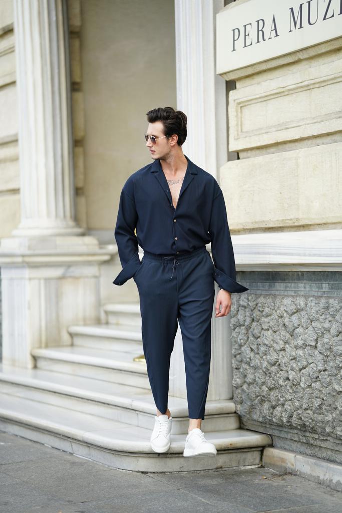 Fitil Desenli Oversize Uzunkol Gömlekli Takım