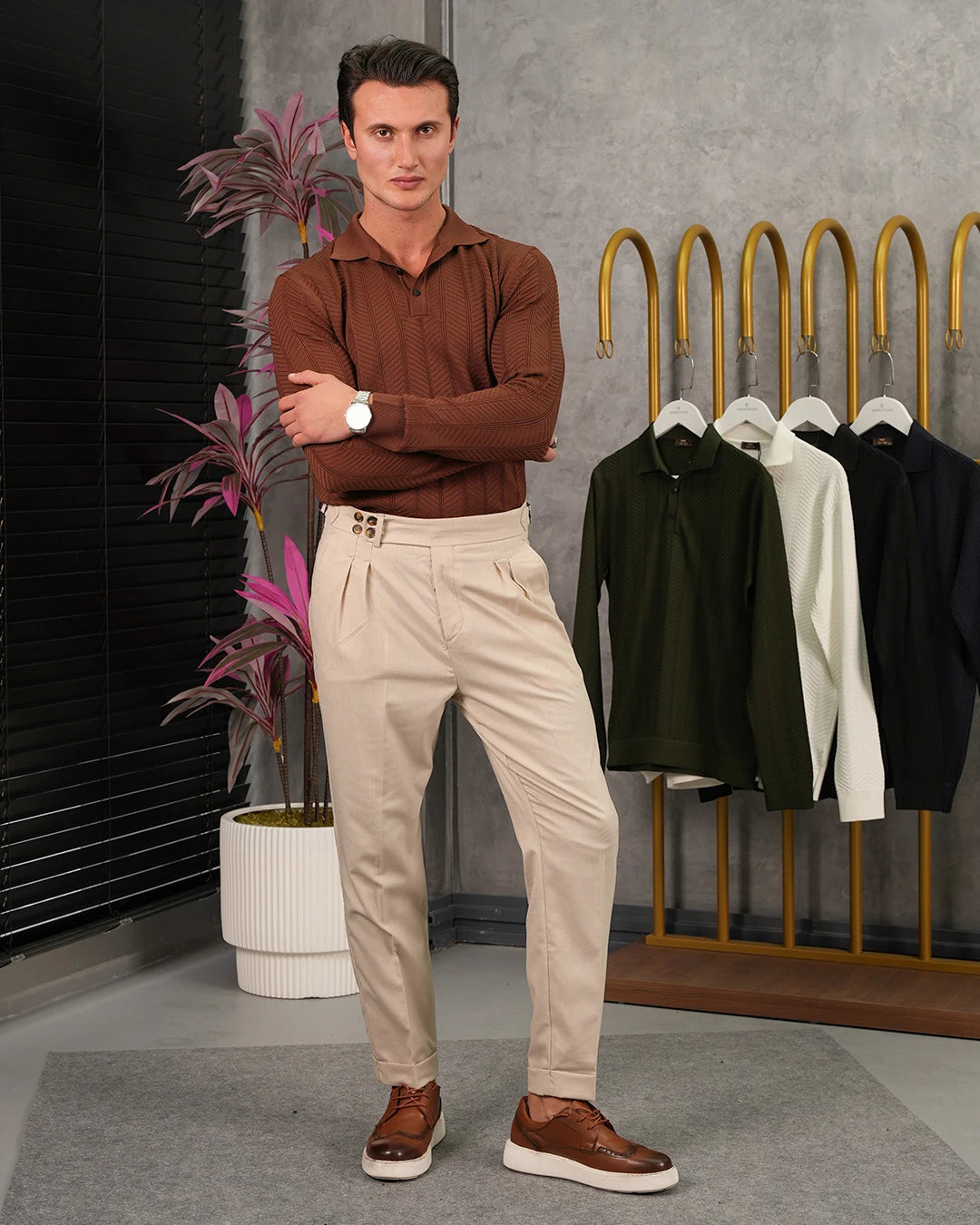 Pamuk Likra Yıldız Desen Yaka Düğmeli Slim Fit Kalıp Triko Kazak