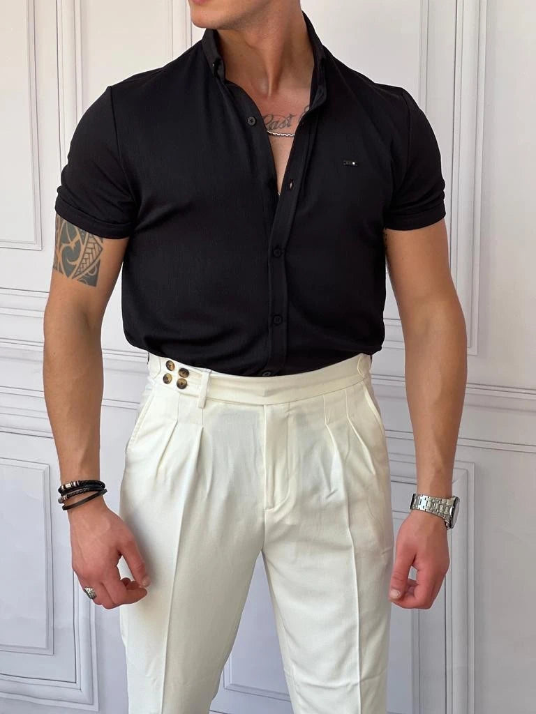 Pamuk Likra Gofre Kumaş Slim Fıt Kalıp Kısa Kollu Gömlek