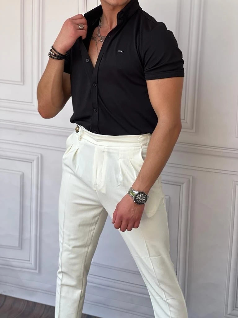 Pamuk Likra Gofre Kumaş Slim Fıt Kalıp Kısa Kollu Gömlek