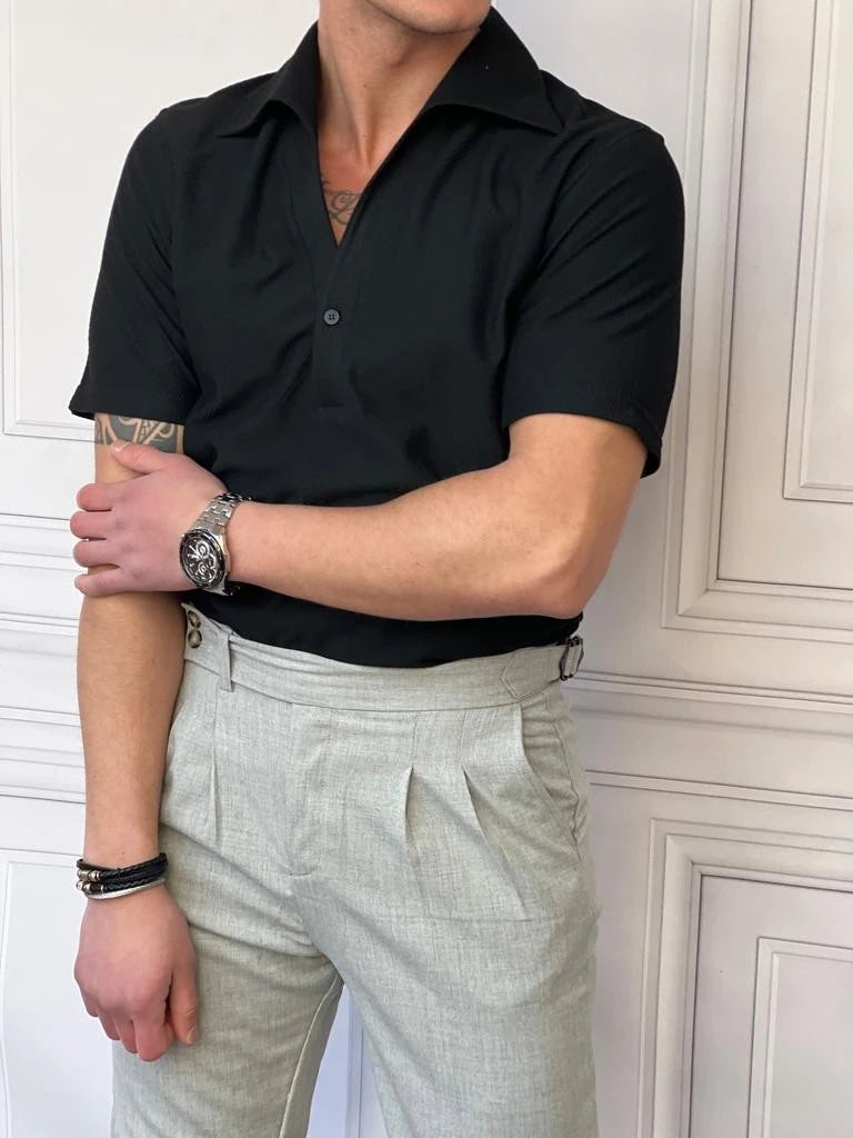 Kayık Yaka Balıksırtı Desen Kısa Kollu Tshırt