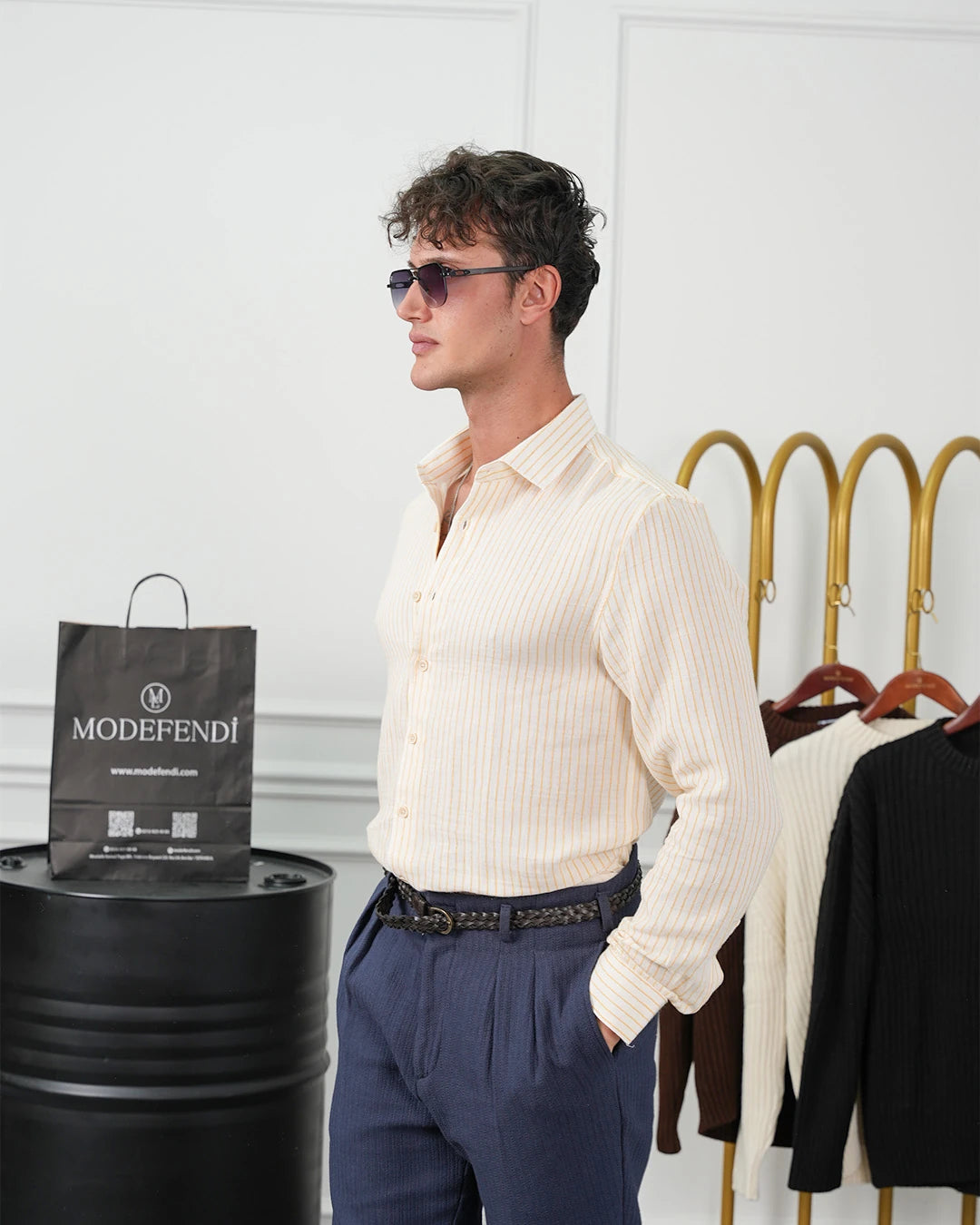 İnce Fitilli %100 İnce Pamuk Keten Regular Kalıp Gömlek