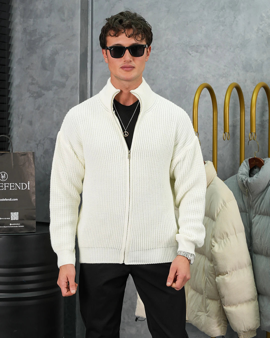 Yüksek Kalite Örgü Desen Fermuarlı Triko Hırka