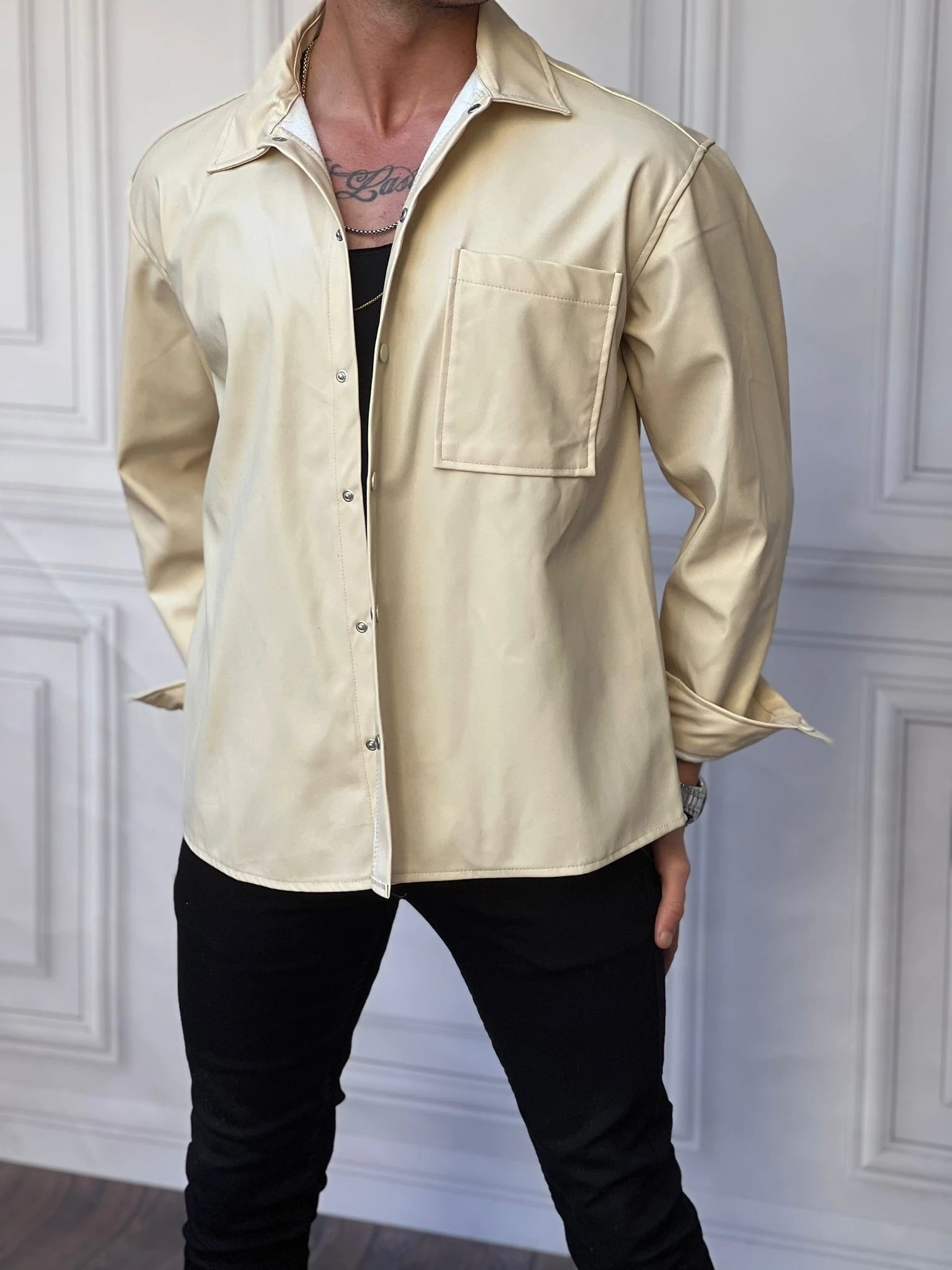Yüksek Kalite Tek Cep Detaylı Oversize Deri Gömlek