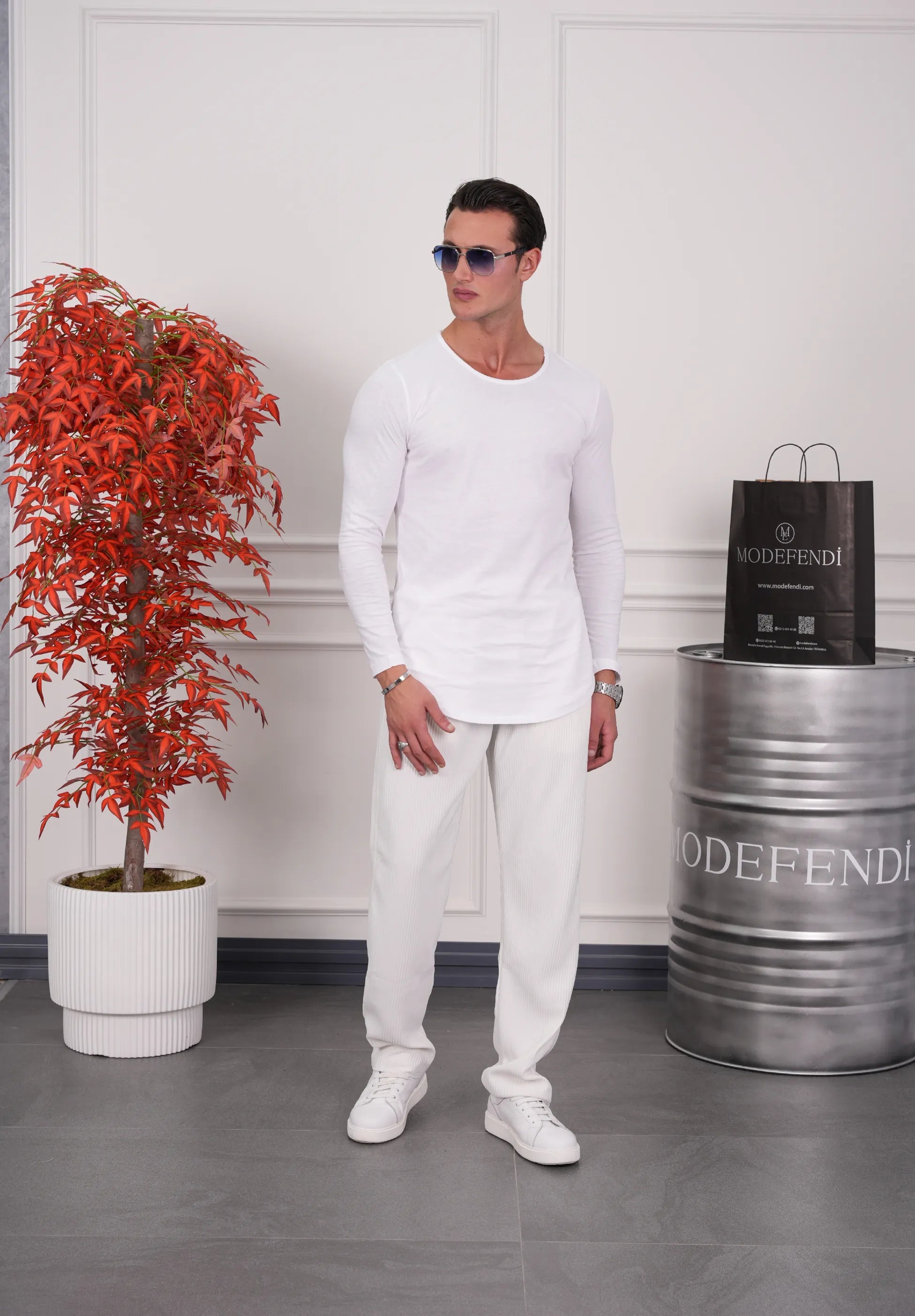 Slim Fit Oval Kesim Uzun Kollu Pamuk Basic Tshırt