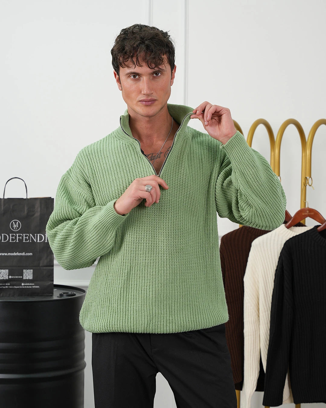 Örgü Desen Fermuar Detaylı Oversize Kazak